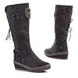 Damen Schuhe, STIEFEL, KEIL WEDGE BOOTS WARM GEFÜTTERT, KA-117, Synthetik in hochwertiger Leder Optik, Schwarz, Gr 37