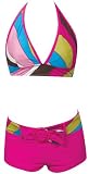 Marina West Womens Swimsuit, Two Piece, Halter with Boy Shorts, Bright Pink with Stripes