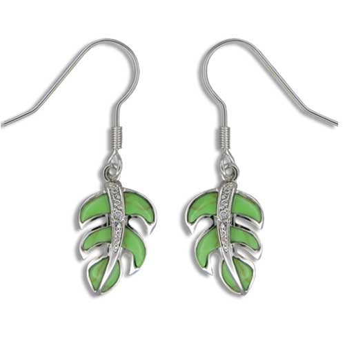 Sterling Silver Hawaiian Green Turquoise Monstera Earrings with CZ