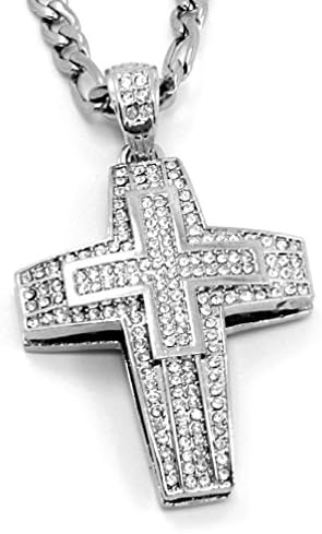 POPLife Men Small Plus Cross Plated Iced Out Pendant 30" Stainless Steal Figaro
