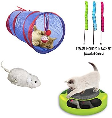 Cat Toys Interactive | Perfect Bundle for Cat Lovers with 4 Popular Cat Toys: Plush Teaser Wands, Scratcher with Spinning Mouse, Tunnel with Hanging Toys & Wind Up Mouse