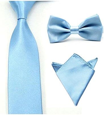 Mens Satin Solid Color Bowtie Bow Tie Necktie Handkerchief Pocket Square Set New Color: Light Blue