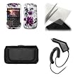 Blackberry Bold 9650 Premium Black Leather Carrying Pouch+Purple Flower Design Snap-on Hard Case Cover+Premuim Universal LCD Screen Protetor+Premium Rapid Car Charger Combo For Blackberry Bold 9650