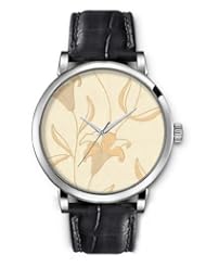 SPRAWL Aanalog Fashion Series Silver Ladies Watches of Genuine Black Leather Strap,Unique Wrist Watch for Women Girls Designed with Drawing lily flowers on beige background