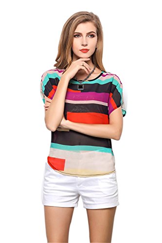 4ido Women's Short Bat Sleeve Striped Hit Colors Chiffon T Shirt Tops Blouse M