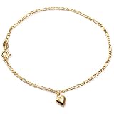 18kt Gold over Sterling Silver Figaro Chain with Puffed Heart Anklet 8.75in