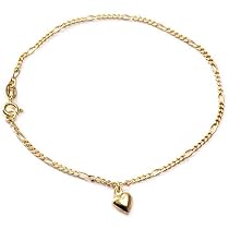 18kt Gold over Sterling Silver Figaro Chain with Puffed Heart Anklet 9in
