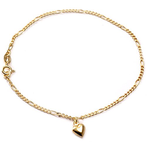 18kt Gold over Sterling Silver Figaro Chain with Puffed Heart Anklet 9in