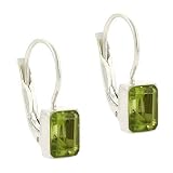 Sterling Silver Genuine Peridot Stone Emerald cut LeverBack Lever Back Earrings