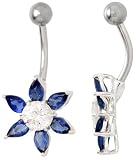 Sunflower Belly Button Ring with Blue Sapphire Cubic Zirconia on Sterling Silver Setting