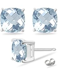 4.95 Cts of 9 mm AA Cushion Aquamarine Stud Earrings in 18K White Gold