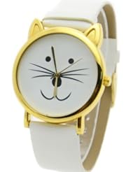 Lovely Cat Face Shape Dial Alloy Faux Leather Watch White
