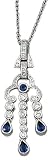 14K White Gold Hand-Crafted Designer Chandelier Pendant, Enhanced with Pave and Bezel Set Diamond Stations, and Bezel, Tear-Drop Sapphire Precious Stones, Sliding on a 16'' Cable-Chain Necklace. (GH-Color, SI-Clarity, c.t.t.w.0.48CT, Sapphire 0.59CT ).