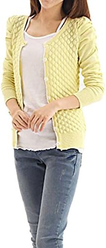 JVA Women's Stylish Slim Fit Knitted Long Puff Sleeves Button Cardigan SW30, Yellow Small