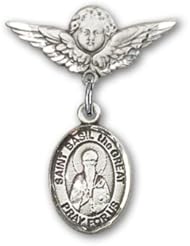 Sterling Silver Baby Badge with St. Basil the Great Charm and Angel with Wings Badge Pin