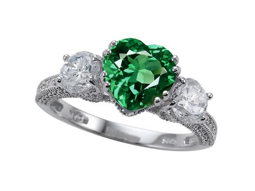 3.32 cttw Zoe R(tm) 14k Gold Plated 925 Silver Engagement Ring with 14 genuine Diamonds and 8mm Heart Shape Simulated Emerald by Zoe Size 7