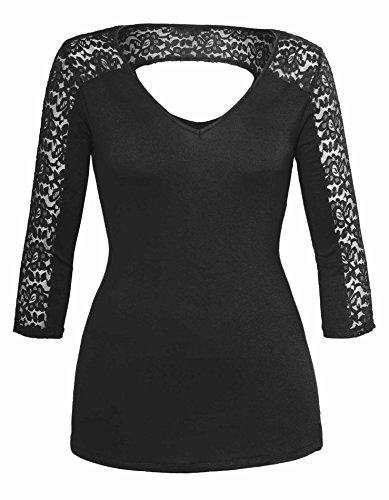Women's V Neck 3/4 Sleeve Floral Lace Inset Cutout Open Back Plus Size Knit Top