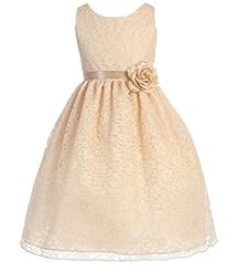 Girls Lace Floral Print Sleeveless Tea Length Flower-Girl Dress  With a Ribbon  and a Sash 