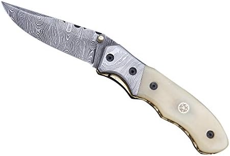 3Ceez Handmade Damascus steel folding knife Linear Lock bone handle 605B