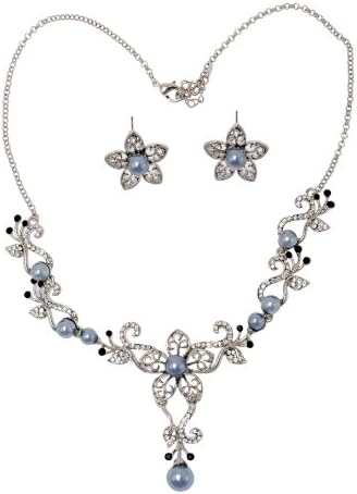 Saint Christine Vintage Filigree Floral Crystal with Pearl Necklace and Earrings Set, Jewelry Set