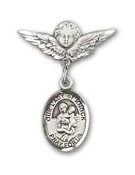 Sterling Silver Baby Badge with Our Lady of Knock Charm and Angel with Wings Badge Pin