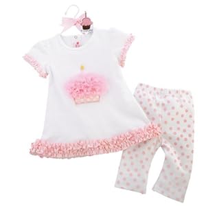 Mud Pie Baby Birthday White Cotton Tunic and Pink Polka-Dot Cotton-Spandex Legging Set, Cupcake, 12...