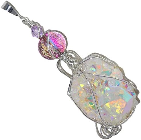 Fairy Aura Spirit Quartz Drusy Wire Wrap Sterling Pendant with Venetian Glass Dichroic Bead By Puppylove