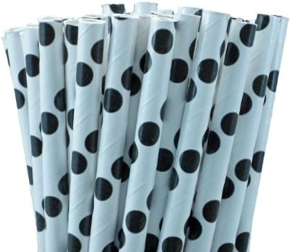 25 Paper Drinking Straws Black Dots 7.75" Retro Vintage Style Durable