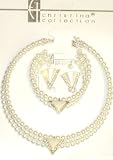 Three Strand Simulated Ivory Pearl Choker Necklace Crystals Loaded on Gold Locket Matching Earrings...