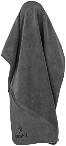 Gym Fitness Towel from RosFit - Great for Travel, Yoga, Outdoors, Running, Cycling, Working Out - Super Absorbent Microfiber - Includes Zipper Pocket and Built-In Hook. Easy to Pack Travel Towel!