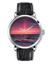 SPRAWL Aanalog Fashion Series Silver Ladies Watches of Genuine Black Leather Strap,Unique Wrist Watch for Women Girls Designed with Sunset on the beach