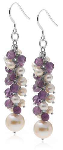 Sterling Silver, Amethyst and Freshwater Cultured Pearl Dangle Earrings