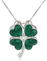 10k White Gold Dark Green Enamel Four-Leaf Clover with Diamond Pendant Necklace (0.02 Cttw I-J Color, I2-I3 Clarity), 18"