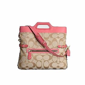 AUTHENTIC COACH BONNIE SIGNATURE FOLDOVER CONVERTIBLE SHOULDER/BUSINESS TOTE 13386 (Khaki/Coral)