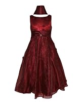 Girls Burgundy Long Dress Embroidered Sheer Cover, Removable Heart Ribbon
