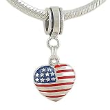 Sterling Silver Enamel AMERICAN FLAG HEART Dangle Charm Bead fits Pandora and Biagi Bracelet GIFT BOXED
