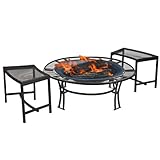 CobraCo FB6400-750 Steel Mesh Rim Fire Pit and Two Bench Set  with Screen and Cover