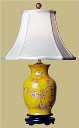 Asian Furniture & Decor- 21" Chinese Yellow Porcelain Vase Oriental Desk Lamp w/ Birds & Flowers