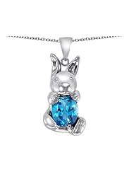 Original Star K (tm) Love Bunny Pendant With Simulated Blue Topaz Oval 10x8mm in .925 Sterling Silver