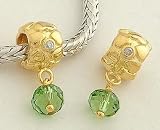 18k Gold on 925 Sterling Silver European Style True Love with Green Stone Dangle May Birthstone Charm Beads for Pandora, Biagi, Chamilia, Troll and More Bracelets