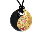 Gold Overlay Sterling Silver Black w/ Yellow Design Round Murano Glass Pendant w/ Black Twist Cord