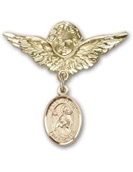 Gold Filled Baby Badge with St. Kevin Charm and Angel with Wings Badge Pin