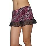 Womens XOXO Sexy Stretch Ruffle Trim Mini Skirt With Built-In Thong Panty - Black & Pink