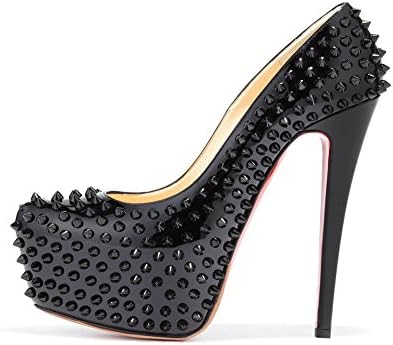 JUSITY Women's LYiambab Spring Autumn Super High Heel Round Head Euramerican Style Stiletto Heel 16cm Platform Big Size Rivet Patent Leather 14 M US