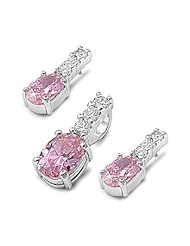 Sterling Silver Pink and Clear Oval CZ Pendant with Earrings Jewelry Set