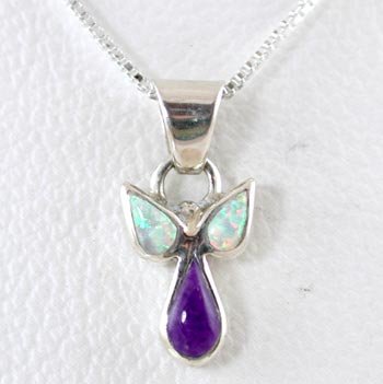 Sterling Silver, Sugilite and Opal Angel Pendant on 16 Box Chain, #8658