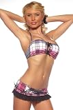 Pink Bandeau Ruffle Skirt Low Cut Waist Hot Bikini Swimsuit