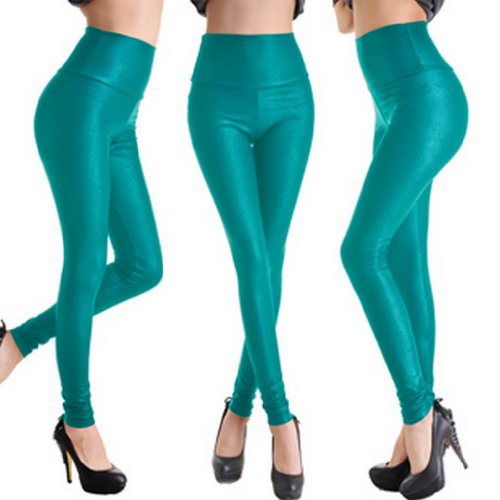 Blooms - Women Polyurethane Leather High Waist Ankle Length Footless Pantyhose Legging Tight Pant Small Medium Large (Medium, Aqua Blue Snake Veins)