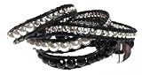 Wrap Bracelet Deva Pearls, Silver, Black Beads on Black Leather, Extra Long Wraps 5 to 6 Times (Silver Gift Box)