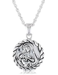 Sterling Silver Mary and Jesus Medallion Pendant Necklace,, 18"